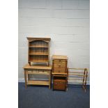 A SELECTION OF MAINLY PINE OCCASIONAL FURNITURE, to include a side table with two drawers, a three