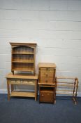A SELECTION OF MAINLY PINE OCCASIONAL FURNITURE, to include a side table with two drawers, a three