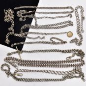 SEVEN SILVER ALBERT CHAINS AND FOUR WHITE METAL ALBERT CHAINS, seven graduated albert chains, each