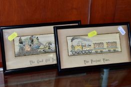 TWO FRAMED WOVEN SILK STEVENGRAPH PICTURES, comprising 'The Good Old Days' depicting a coach and