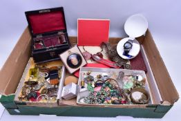 A BOX OF ASSORTED ITEMS, to include a box of assorted belt buckles such as carved mother of pearl