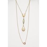 AN OPAL AND DIAMOND PENDANT NECKLACE, the drop pendant set with two oval opal cabochons and a pear