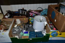 SEVEN BOXES AND LOOSE HOMEWARES AND SUNDRY ITEMS, to include table lamps, a Swan `grey and rose