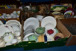 SIX BOXES OF CERAMICS AND GLASSWARE, to include a large quantity of mugs, dinner plates, cake