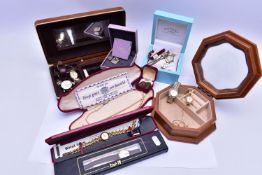 A PLASTIC BOX OF COSTUME JEWELLERY, WATCHES AND OTHER ITEMS, to include a silver 'Ola Gorie' bird