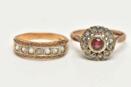 TWO GEM SET RINGS, the first a cluster ring set with a central circular cut garnet, in a surround of