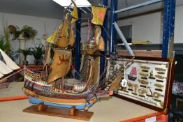 TWO MODEL SAILING SHIPS AND THREE NAUTICAL THEMED DIORAMA, comprising a hand painted galleon with