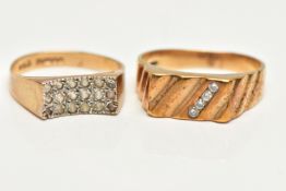 TWO 9CT GOLD SIGNET RINGS, the first of a textured design set with an asymmetrical row of four round