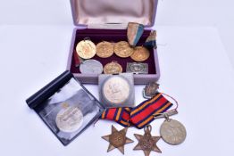 A SMALL BOX OF ASSORTED MEDALS, to include 'The Italy Star' missing ribbon, 'The Burma Star'