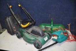 A BOSCH AHS45-16 hedge trimmer along with a unbranded lawn mower (PAT pass and working) and a