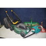 A BOSCH AHS45-16 hedge trimmer along with a unbranded lawn mower (PAT pass and working) and a