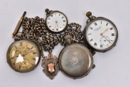 FOUR POCKET WATCHES AND ALBERT CHAINS, to include three silver pocket watches, an open face pocket