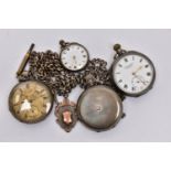 FOUR POCKET WATCHES AND ALBERT CHAINS, to include three silver pocket watches, an open face pocket