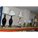 A GROUP OF TABLE LAMPS, comprising a pair of modern metallic brown table lamp bases with