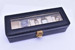 A WATCH DISPLAY BOX WITH FOUR WRISTWATCHES, to include a gents 'Citizen Eco-drive W100', watch,