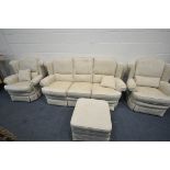 A FLORAL AND GOLD UPHOLSTERED FOUR PIECE LOUNGE SUITE, comprising a three seater sofa, length 206cm,