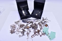 ASSORTED SILVER AND WHITE METAL JEWELLERY AND ITEMS, to include a charm bracelet with charms,