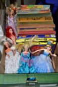 A BOX OF MODERN DOLLS AND VINTAGE CHILDRENS BOOKS ETC, to include a Disney transforming