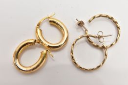 TWO PAIRS OF HOOP EARRINGS, to include a pair of polished oval hoop earrings, with lever fittings,