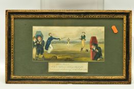 A 19TH CENTURY PRINT DEPICTING A DUEL WITH PISTOLS, two reluctant figures aim their pistols at