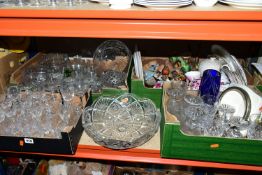 FOUR BOXES OF GLASSWARE AND ORNAMENTS, to include a set of six ale glasses, a set of six crystal