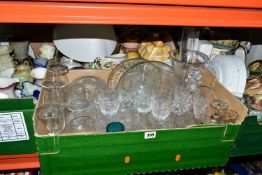 FOUR BOXES OF CERAMICS, CUT GLASS AND GLASSWARES, to include a small stein, crystal rose bowl golf