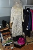 THREE BOXES OF VINTAGE HATS, SHOES AND A WEDDING DRESS, comprising a vintage long sleeved cream