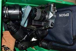 A BOX OF CAMERAS AND CAMERA EQUIPMENT, to include a Nikon F-601 fitted with a 4-5.6 55-200mm lens, a