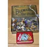 A COLLECTION OF PIN BADGES AND TWO VINTAGE TINS, to include a quantity of metal pin badges, many