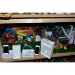 FOUR BOXES OF MISCELLANEOUS SUNDRIES, to include a boxed set of iPhone 5s ear pods 16GB model A1457,