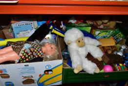 THREE BOXES OF TOYS, SOFT TOYS AND BOARD GAMES, to include XStream rocket launchers, boxed set of