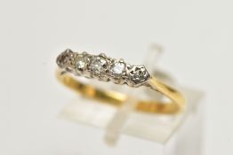 A FIVE STONE DIAMOND RING, five mixed cut diamonds prong set within a white metal mount, leading