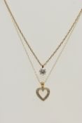 TWO PENDANT NECKLACES, the first pendant of an openwork heart design with single cut diamond detail,