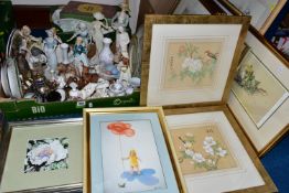 THREE BOXES OF FRAMED PRINTS ORNAMENTS AND TABLE LINEN, to include a box of hand embroidered table