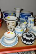 A COLLECTION OF WEDGWOOD EMBOSSED QUEENSWARE, comprising a cream with blue decoration coffee pot (