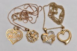 FOUR PENDANTS AND TWO CHAINS, to include two heart shape pendants each inscribed 'Mum', one