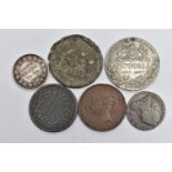 A SMALL PACKET OF COINS, to include an 1812 Eighteen Shilling Bank token George III, a 1775