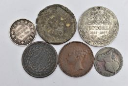 A SMALL PACKET OF COINS, to include an 1812 Eighteen Shilling Bank token George III, a 1775