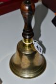 BRASSWORKERS TRADE UNION INTEREST - AN UNUSUAL LATE VICTORIAN BRASS HAND BELL WITH TURNED WOODEN