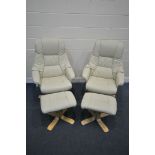 A PAIR OF CREAM LEATHER STRESSLESS STYLE SWIVEL RECLINING CHAIRS, on beech legs, and matching stools