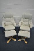 A PAIR OF CREAM LEATHER STRESSLESS STYLE SWIVEL RECLINING CHAIRS, on beech legs, and matching stools