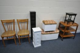 A SELECTION OF OCCASIONAL FURNITURE, to include a mid century oak tea trolley, two beech chairs, two