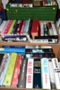 FOUR BOXES OF BOOKS, approximately one hundred books mostly hardback, including biographies, cookery