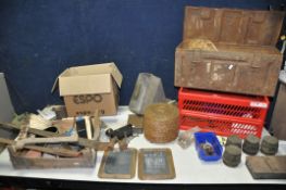 TWO BOXES OF MISCELLANEOUS to include large hinges, screws, small military tins, galvanised