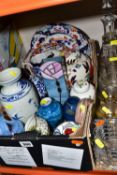 ONE BOX OF CERAMICS AND COLOURED GLASS, to include a Buchanan's Scotch Whisky decanter, a modern