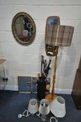 A SELECTION OF MIRRORS, to include foliate gilt wall mirror, a beech standard lamp, three table