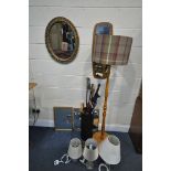 A SELECTION OF MIRRORS, to include foliate gilt wall mirror, a beech standard lamp, three table