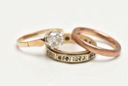THREE RINGS, the first a polished rose gold band, hallmarked 9ct London, ring size L, the second a