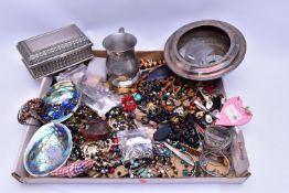 A BOX OF COSTUME JEWELLERY AND OTHER ITEMS, to include a small heart pendant set with a heart cut