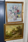 A SMALL QUANTITY OF PICTURES AND PRINTS, comprising a still life flower study signed Ebwards, oil on